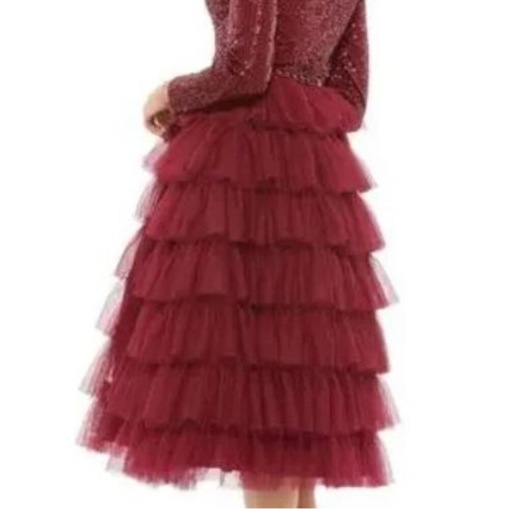 Mac Duggal Long Sleeve Ruffle Tiered Midi Dress - Red - 10 - Picture 2 of 7